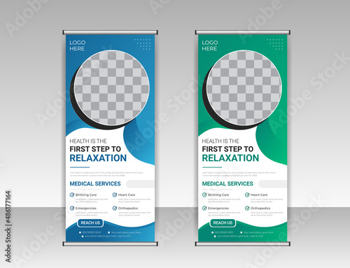 Healthcare and medical, business marketing roll up design, standee banner & x banner template with creative abstract background for exhibition Doctor, dentist, dental or health service , poster flyer