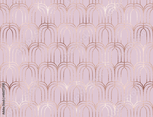 Art deco seamless pattern with rose gold decorative arch tiles.
