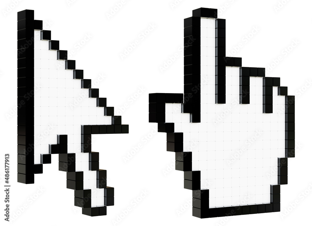 Cursor icons made in 3D Pixel Art Style. Pointer Arrow and Hand. Cursor icons made in 3D Pixel Art Style. Pointer Arrow and Hand.