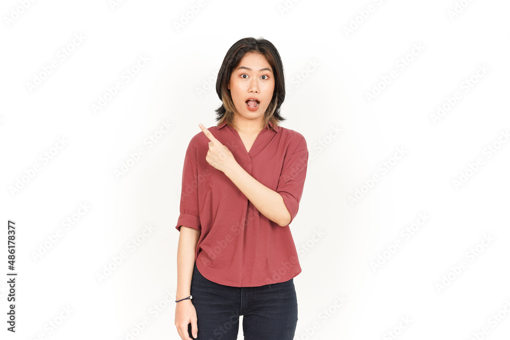 Showing Product and Pointing Side Of Beautiful Asian Woman Isolated On White Background Showing Product and Pointing Side Of Beautiful Asian Woman Isolated On White Background