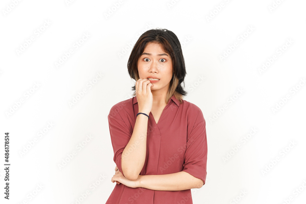 Afraid , nervous and bite nails Of Beautiful Asian Woman Isolated On White Background