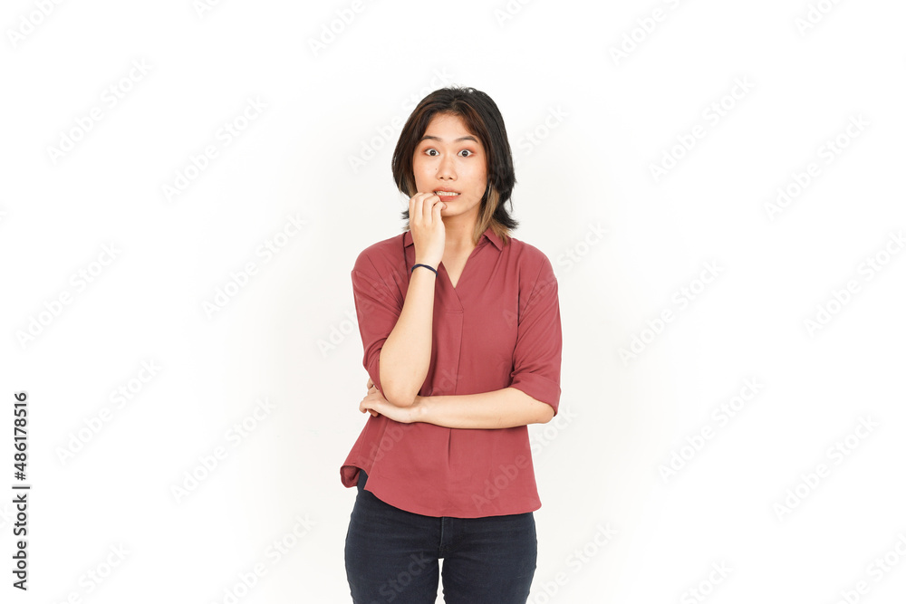 Afraid , nervous and bite nails Of Beautiful Asian Woman Isolated On White Background Afraid , nervous and bite nails Of Beautiful Asian Woman Isolated On White Background
