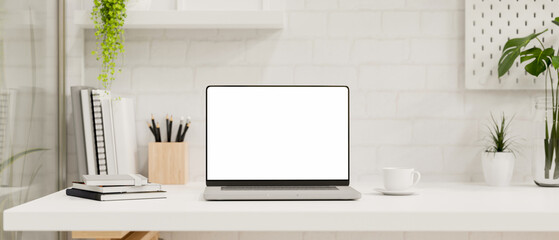 Modern white office working space with notebook laptop computer mockup