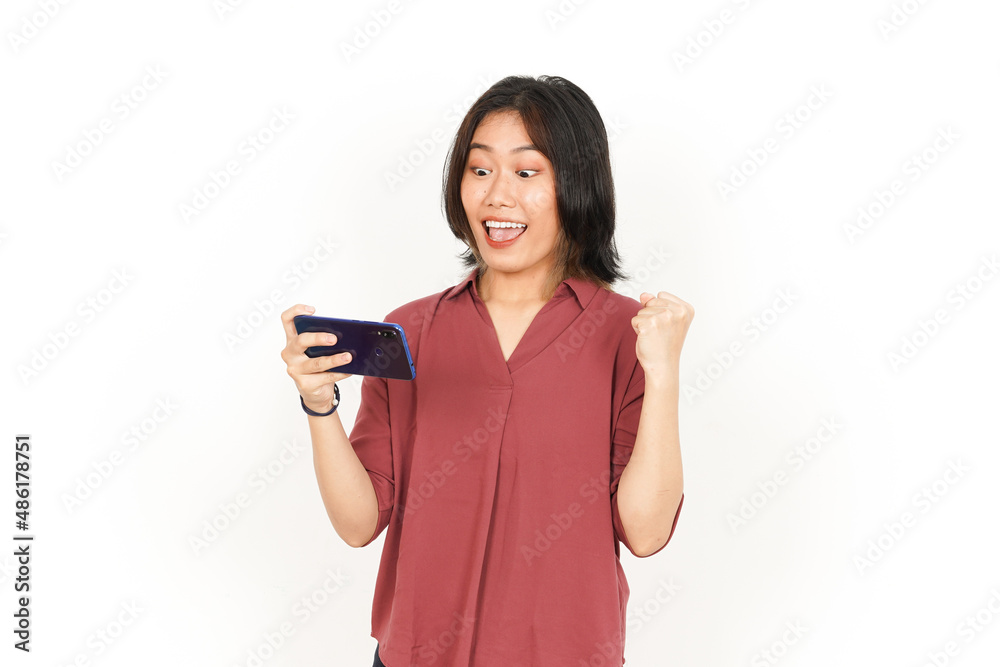 Playing Games On Smartphone Of Beautiful Asian Woman Isolated On White Background Playing Games On Smartphone Of Beautiful Asian Woman Isolated On White Background