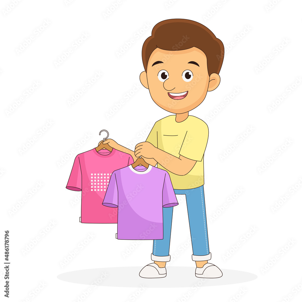 Young man chooses clothes on hanger on shopping