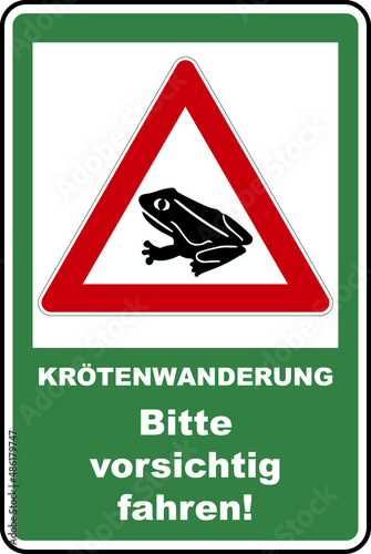 Hinweisschild Krötenwanderung, Bitte vorsichtig fahren