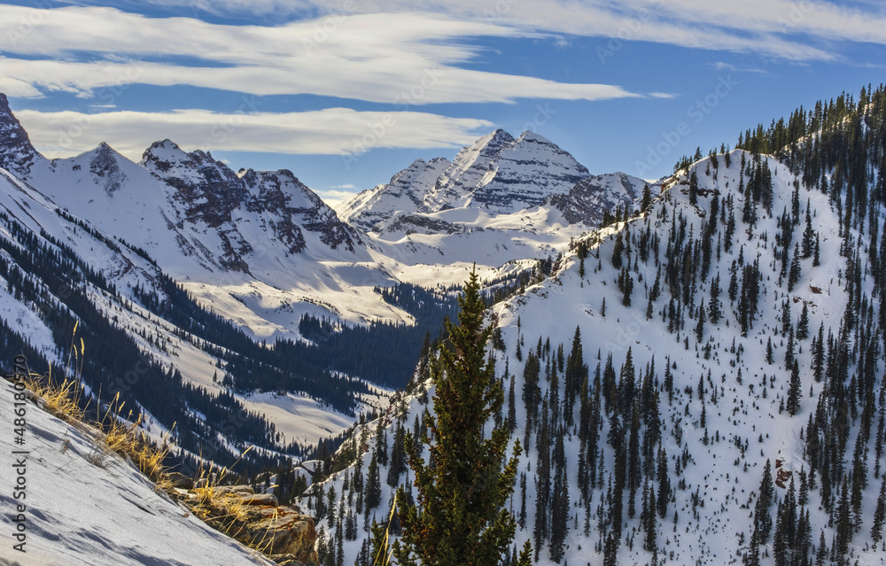 Beautiful view of Aspen, Snowmass mountain range, Colorado, USA, in winter; peaks are covered with snow and pines; blue sky with clouds in background - obrazy, fototapety, plakaty 
