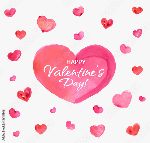 Happy Valentines Day Banner, Beautiful Background with Watercolor Hearts, Lettering and Aquarell