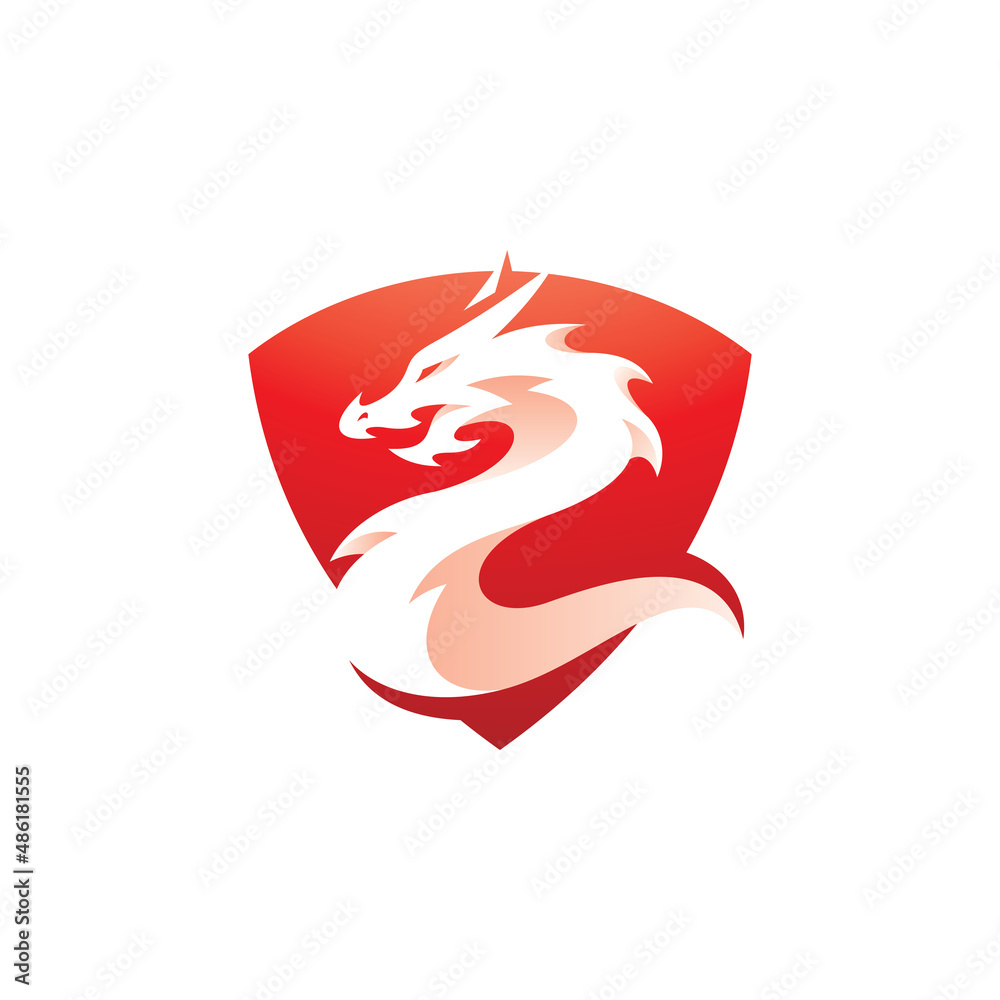 Modern dragon shield badge crest vector. Negative space dragon and shield logo icon Modern dragon shield badge crest vector. Negative space dragon and shield logo icon