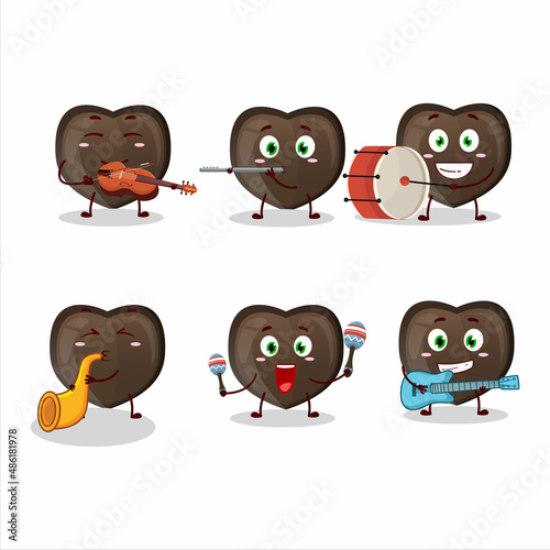 Cartoon character of love chocolate candy playing some musical instruments