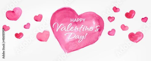 Happy Valentines Day Banner, Beautiful Background with Watercolor Hearts, Lettering and Aquarell