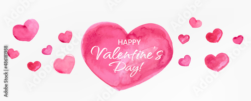 Happy Valentines Day Banner, Beautiful Background with Watercolor Hearts, Lettering and Aquarell