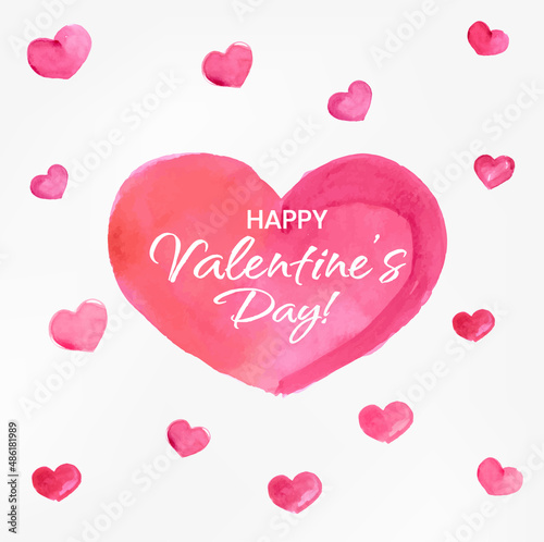 Happy Valentines Day Banner, Beautiful Background with Watercolor Hearts, Lettering and Aquarell