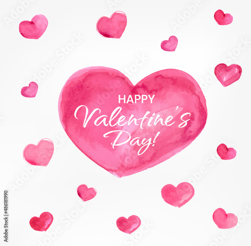 Happy Valentines Day Banner, Beautiful Background with Watercolor Hearts, Lettering and Aquarell