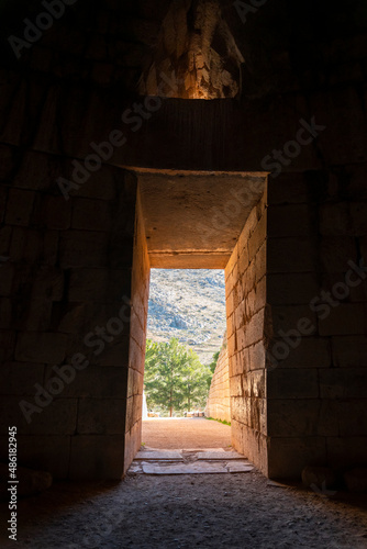 View from inside the Tomb of Clytemnestra, a Mycenaean tholos type tomb built in c. 1250 BC outside of Mycenae, Greece. photo