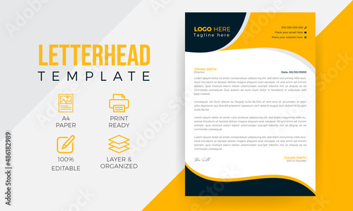 A4 Paper Minimalist Corporate Business Letterhead Design Template, Yellow Abstract Letterhead Design, LeafletTemplate