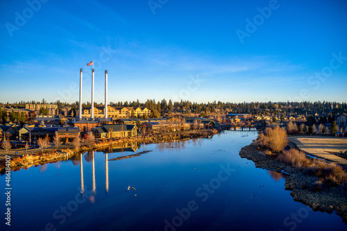 Aerial view of Old Mill District at Dusk on the Deschutes River in Bend, Oregon