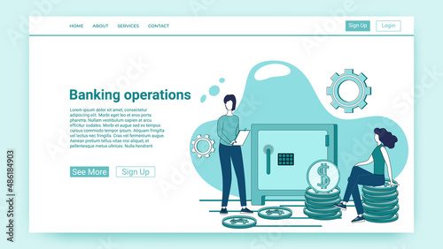 Banking operations.The concept of banking work.Loans and finance.An illustration in the style of a green landing page.