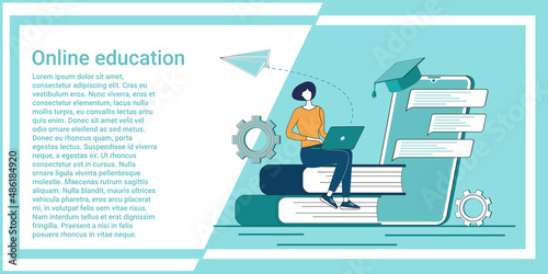 Online education.Video lessons and distance education.Remote lessons.An illustration in the style of a green landing page.