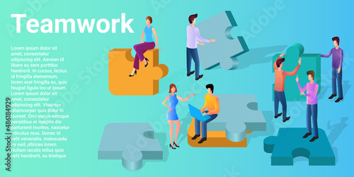 Teamwork.People with puzzles in their hands.The concept of office and team work.New projects and brainstorming.A business-style poster.Flat vector illustration.