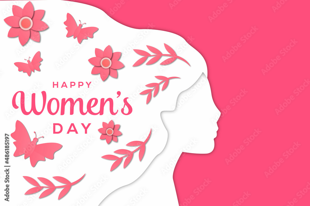 happy women's day illustration with woman silhouette, leaves, butterfly, and flower