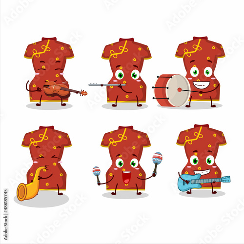 Cartoon character of red clothing of chinese woman playing some musical instruments