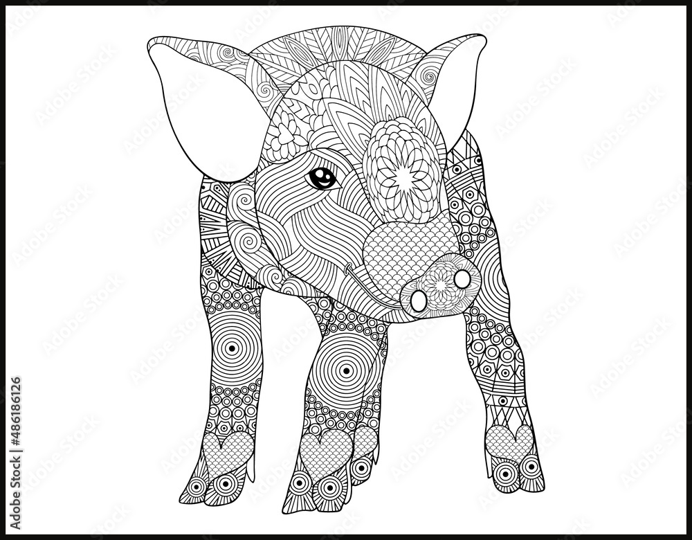 Drawing zentangle pig for coloring book for adult, Pig mandala coloring