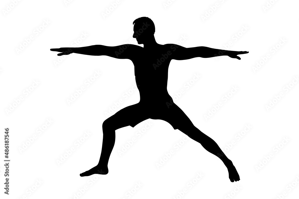 Yoga warrior asana or virabhadrasana I. Man silhouette practicing yoga asana. Vector illustration isolated on white background