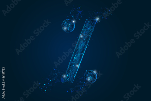 Abstract isolated blue image of a percent sign. Polygonal illustration looks like stars in the blask night sky in spase or flying glass shards. Digital design for website, web, internet.