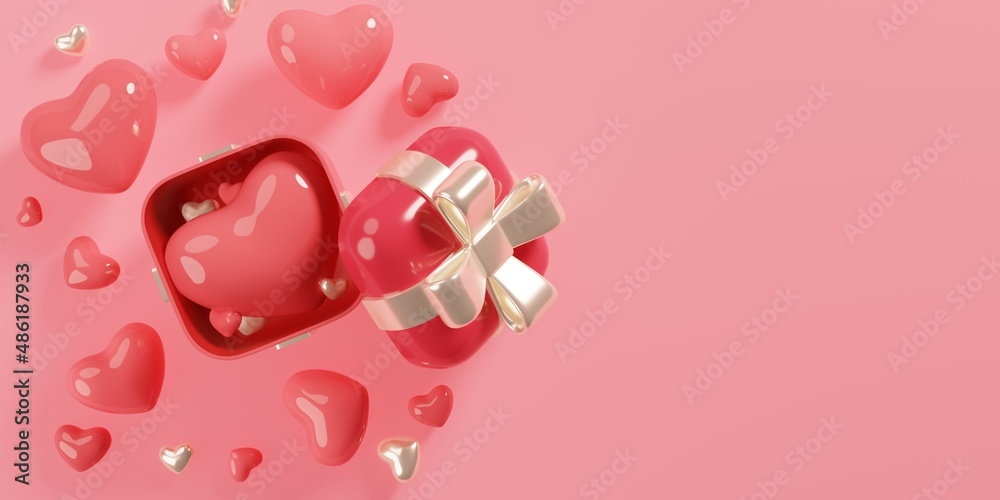 Happy valentines day open pink gift box and heart shape in pink and romantic background, 3d render 
