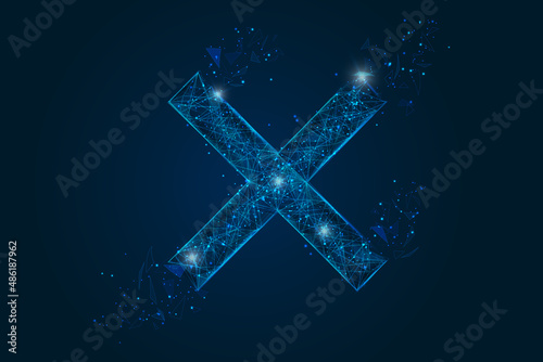 Abstract isolated blue image of a multiply sign. Polygonal illustration looks like stars in the blask night sky in spase or flying glass shards. Digital design for website, web, internet.