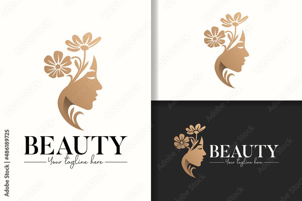 Feminine gold beauty woman head with flower hair logo Feminine gold beauty woman head with flower hair logo