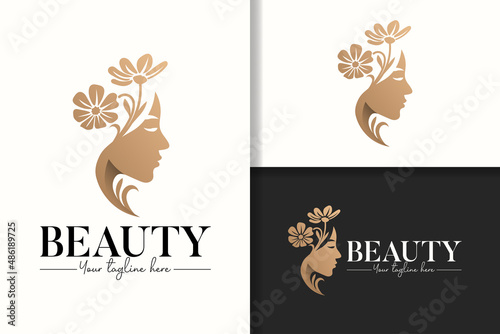 Feminine gold beauty woman head with flower hair logo 