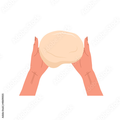 Kneading dough hands. Woman prepares homemade baking or pasta. Top view. Cooking school. Stay home and cook healthy food by recipe. Vector illustration in flat cartoon style.