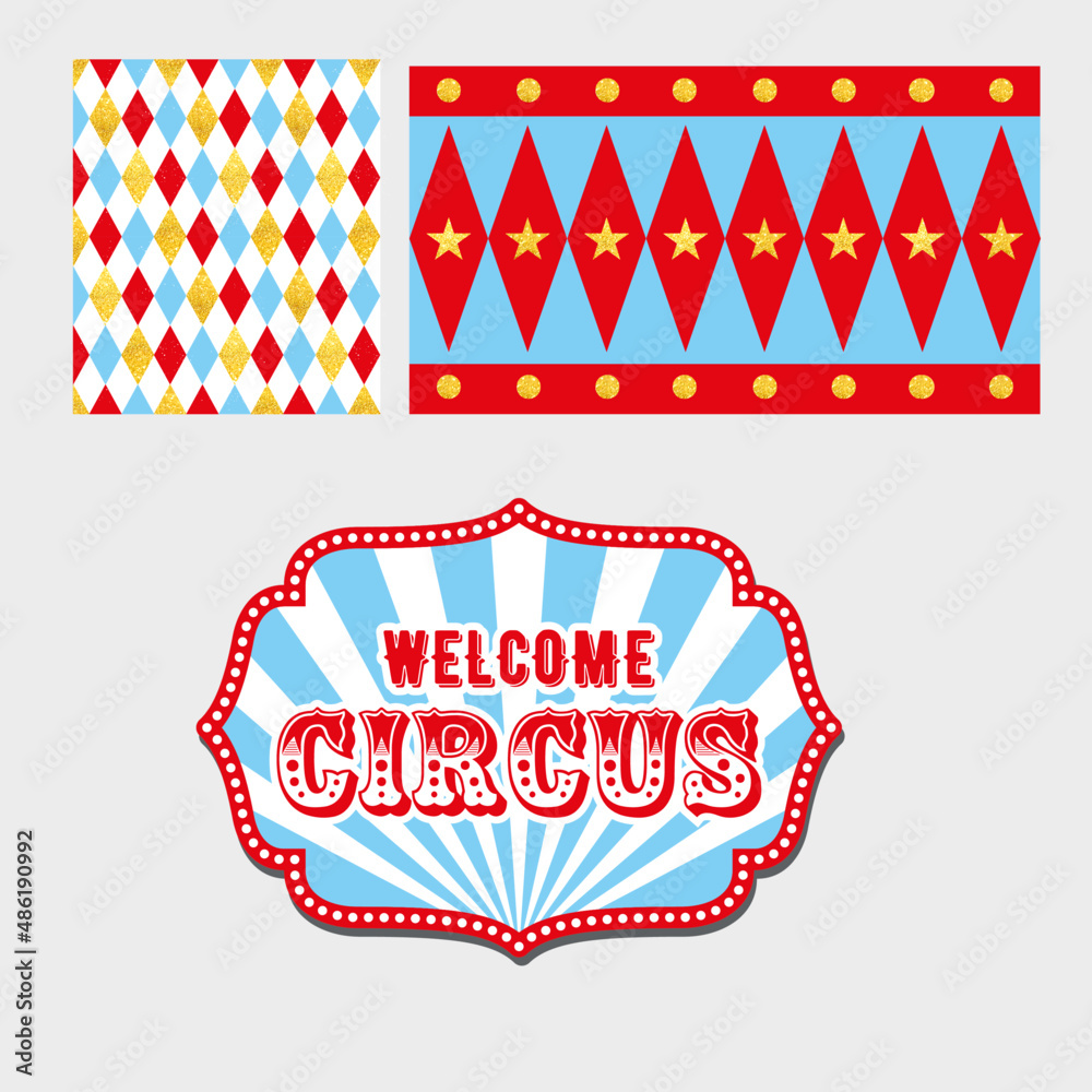 circus background diamonds and circles welcome sign red beige blue white