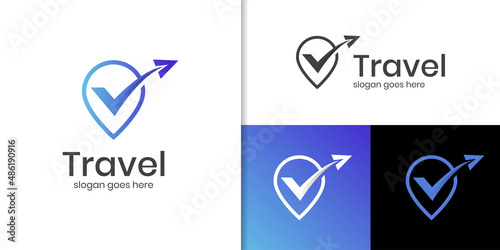 pin map air travel check logo concept. location on map traveler with plane logo vector icon symbol