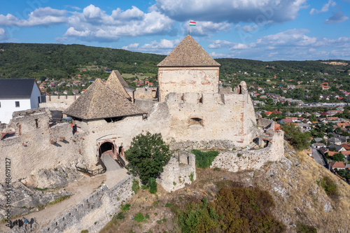 Close up aerial view of the gate tower and donjon o medieval Sumeg castle in Hungary with  ramparts popular tourist attraction in the region