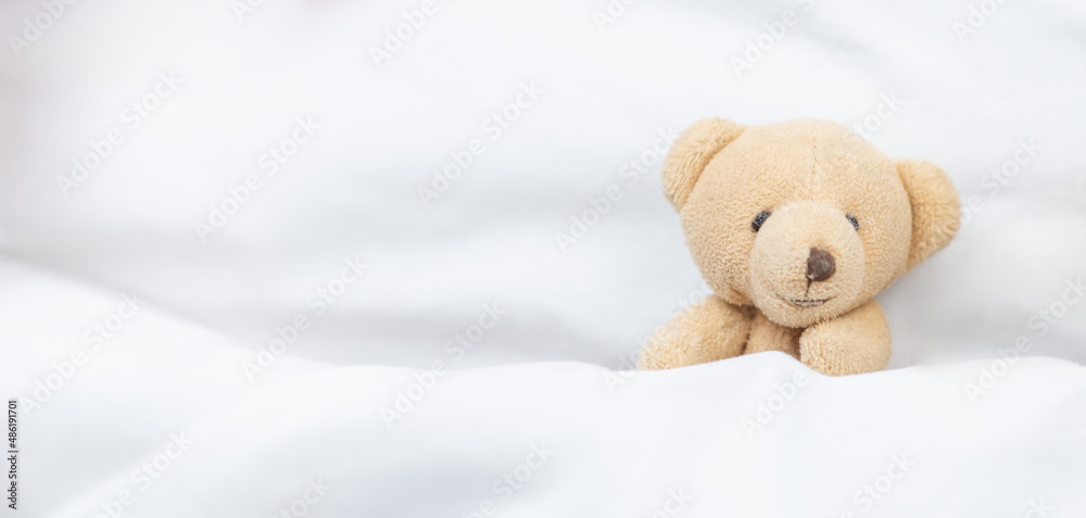 Cute toy bear covered with a warm blanket lying on a bed