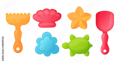 a set of children's toys and molds for sand with a children's shovel and rake. vector illustration in cartoon style isolated on white background 