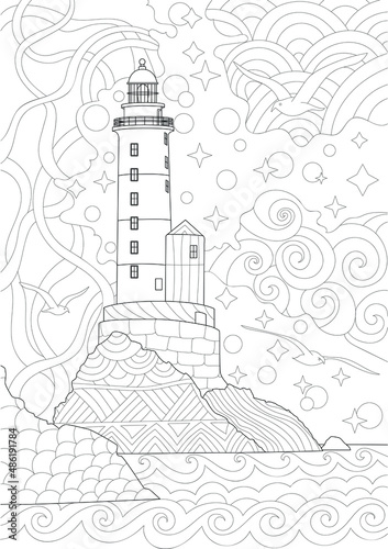 Coloring Book page for adults or children. Colouring pictures of light house among rocks, sea, sky. Antistress freehand sketch drawing with doodle and zentangle elements.