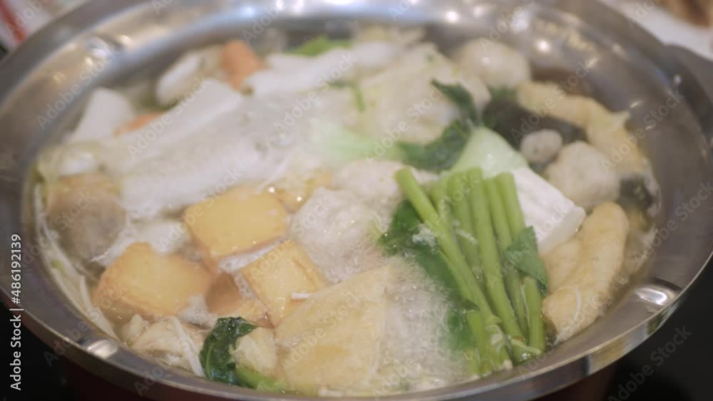 Thai hot pot style (suki) full of fish ball, vegetable, meat, pork slide. Hotpot Asian cuisine. Thai hot pot style (suki) full of fish ball, vegetable, meat, pork slide. Hotpot Asian cuisine.