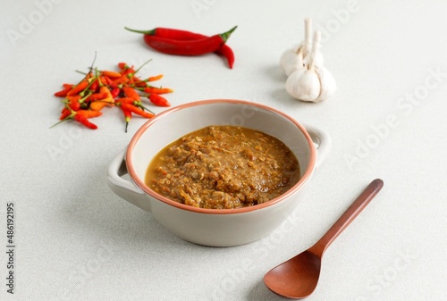 Sambal Tumpang is Tempe in Spicy Coconut Chili Paste, Traditional Indonesian Food from Kediri, East Java. photo