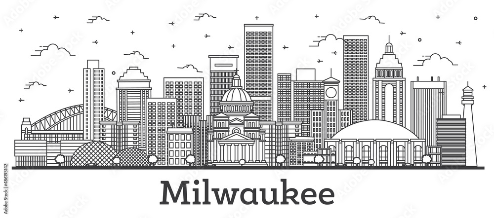 Outline Milwaukee Wisconsin City Skyline with Modern Buildings Isolated on White.