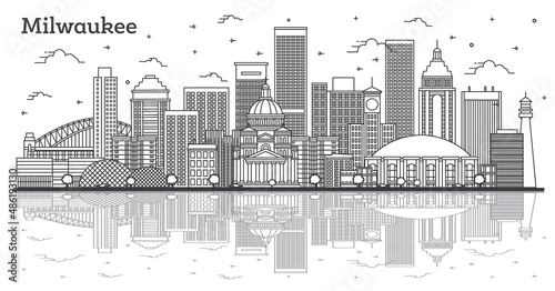 Outline Milwaukee Wisconsin City Skyline with Reflections and Modern Buildings Isolated on White.