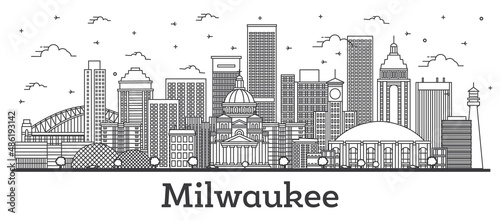 Outline Milwaukee Wisconsin City Skyline with Modern Buildings Isolated on White.