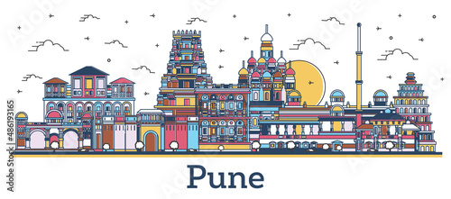 Outline Pune India City Skyline with Colored Buildings Isolated on White.