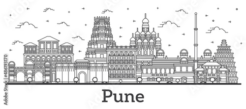 Outline Pune India City Skyline with Historic Buildings Isolated on White. photo