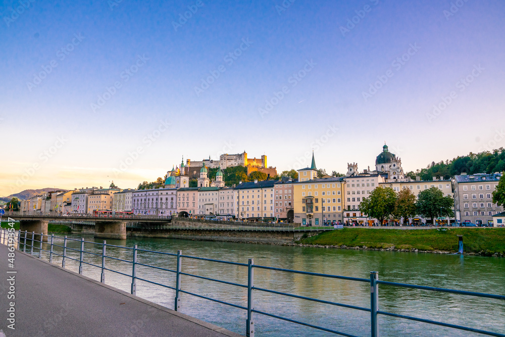 Nice view of the waterfront and amazing architecture. Salzburg, austria - 2 october, 2019.