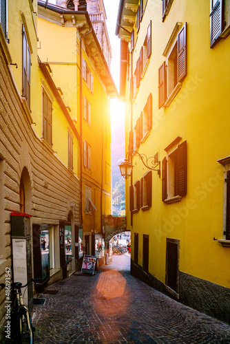 The path is lined with stone. Beautiful european architecture. Travel. Cozy street in europe. Riva del garda  Italy - 3 october  2019.