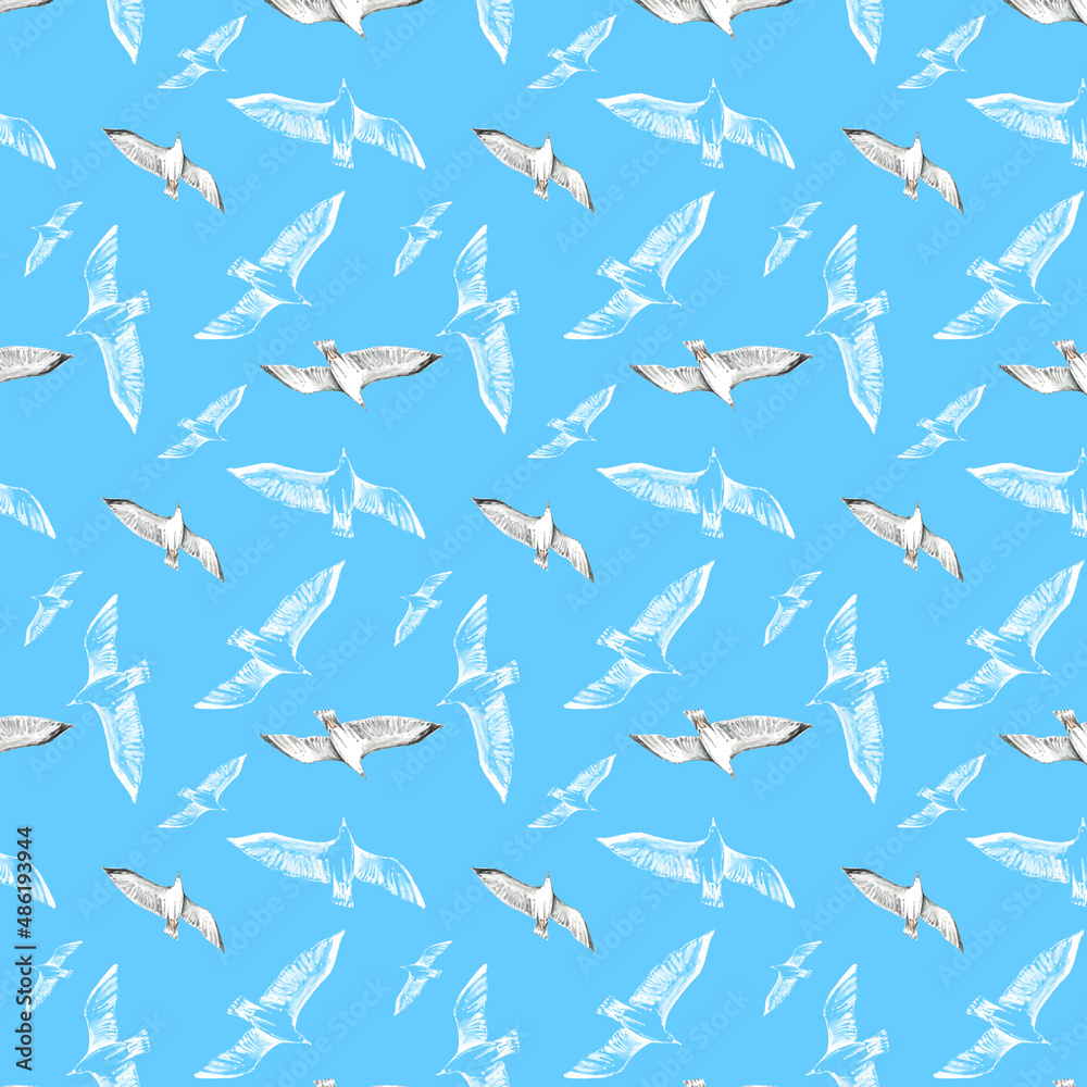 Seamless pattern in marine style with seagull, birds. Wildlife silhouette, white floral ornament on a blue background. Seamless pattern in marine style with seagull, birds. Wildlife silhouette, white floral ornament on a blue background.